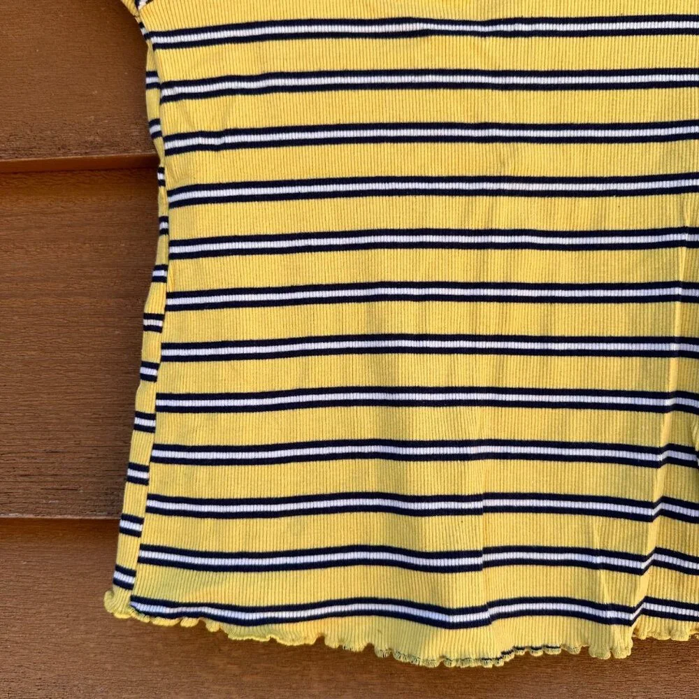 Justice Girls Yellow & Navy Striped Ribbed Top Lettuce Trim Short Sleeve Size 12